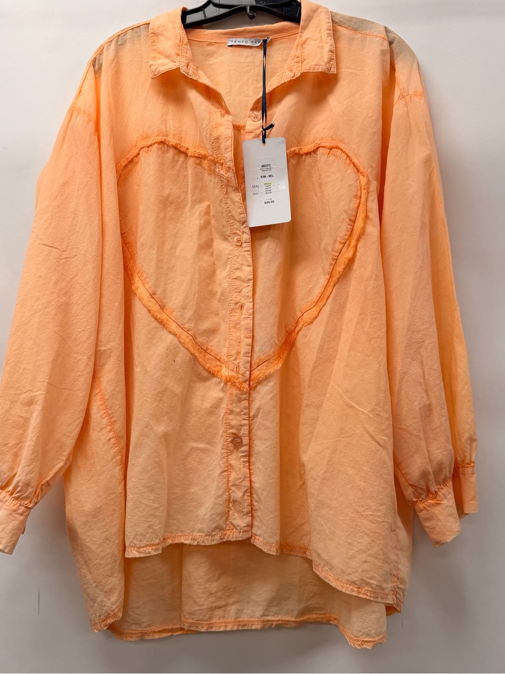Tempo Paris Peach Button-Down Shirt with Heart Detail